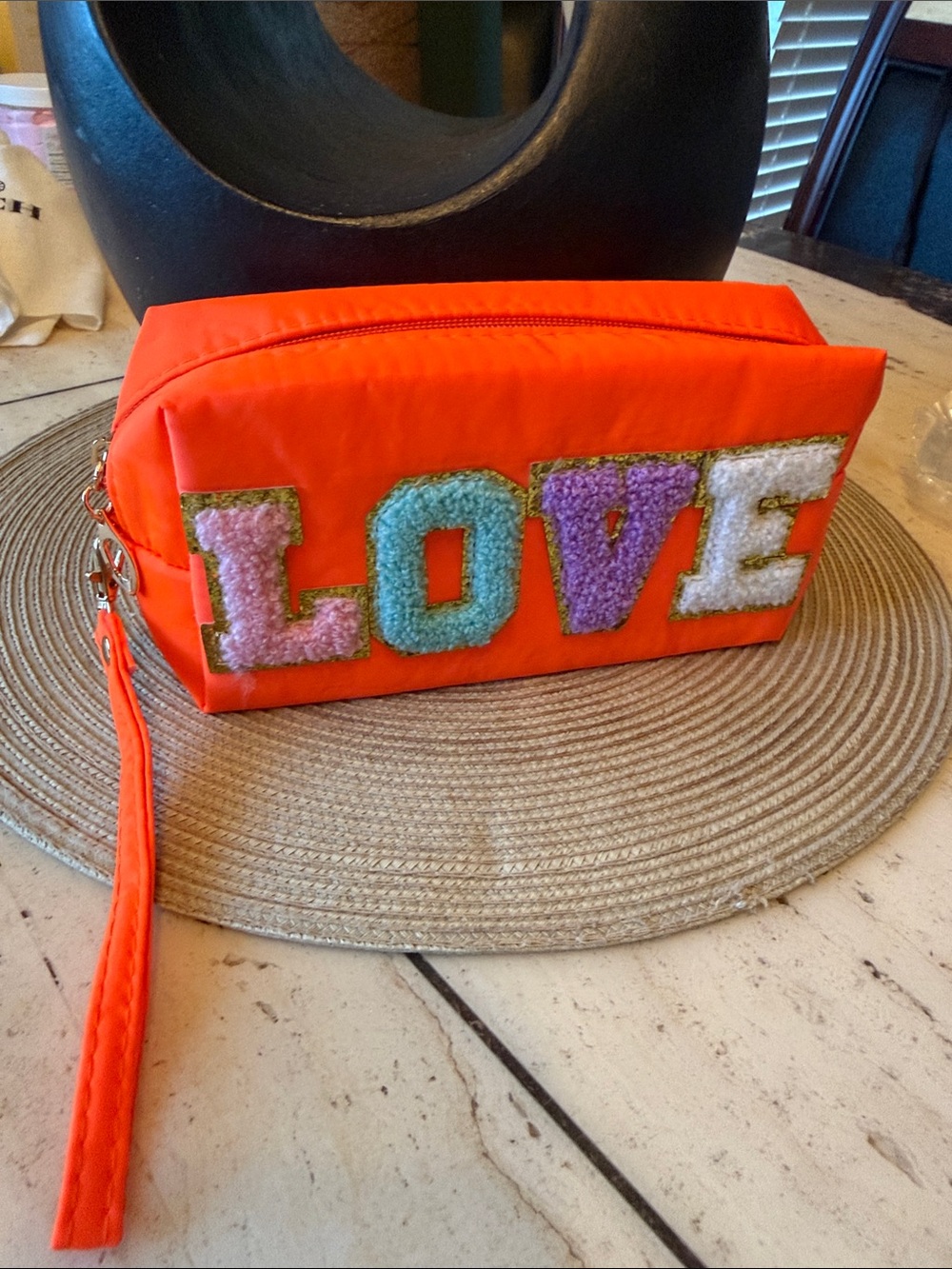 LOVE Embroidered Orange Detachable Wristlet Nylon/polyester Bag NWOT